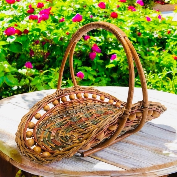 Made in the Philippines Other - Vintage Woven Wicker Bamboo Beaded Flower Herb Gathering Basket w Handle 11X15X9